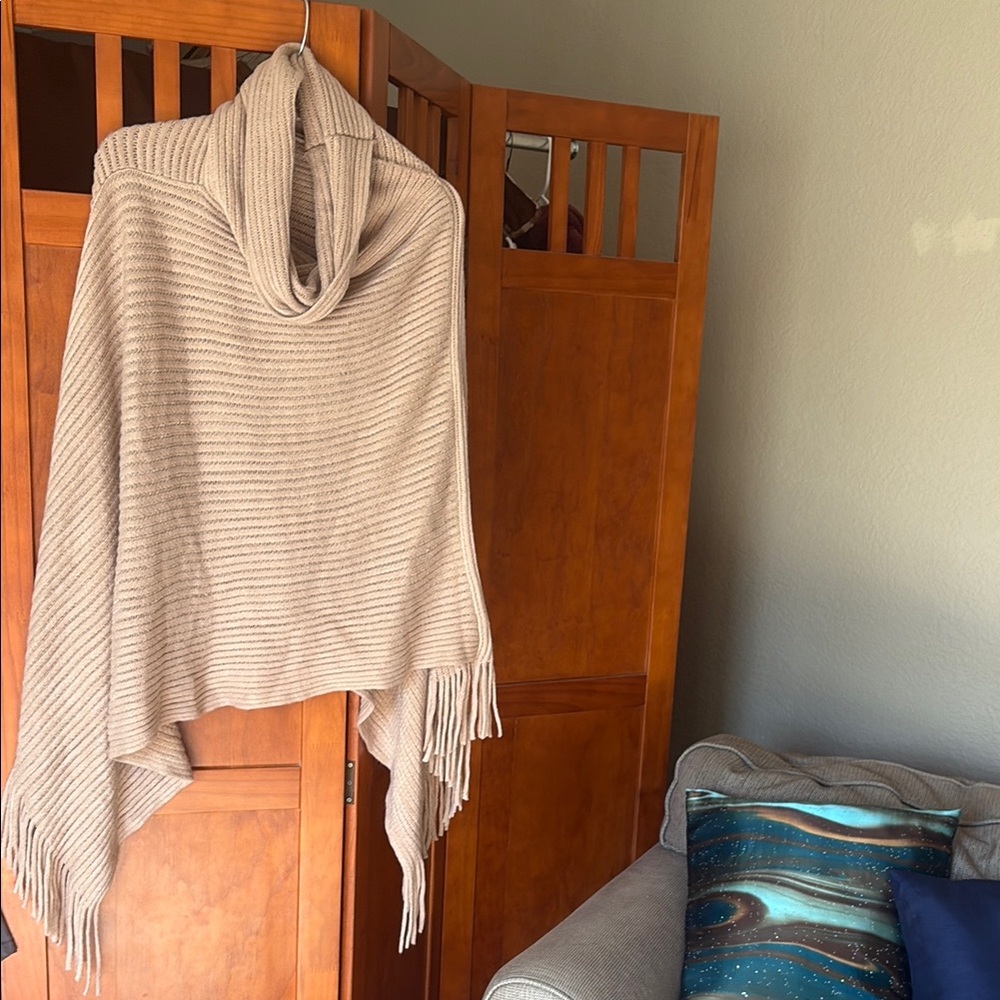 Beige Knit Poncho with Fringe